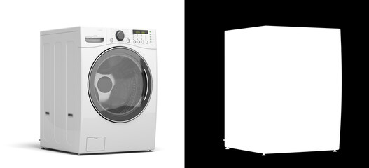 new modern washing machine perspective view 3d render on white with alpha