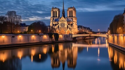 Notre-Dame Cathedral in Paris during evening time.
Created with Generative Ai technology.