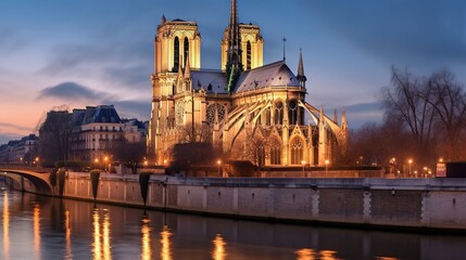 Fototapeta na wymiar Notre-Dame Cathedral in Paris during evening time. Created with Generative Ai technology.