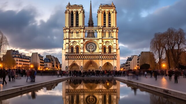 Notre-Dame Cathedral in Paris during evening time.
Created with Generative Ai technology.