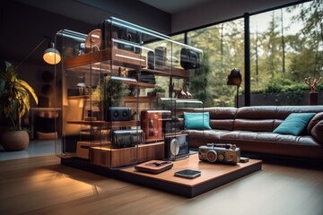 Interior design. Futuristic Living room with sofa and big showcase. Generative AI