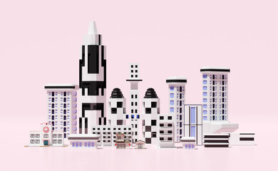 grey skyscraper building icon isolated on pink background. 3d render illustration