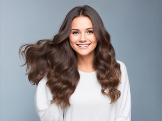 Naklejka premium Pretty natural woman with healthy thick hair, generative ai