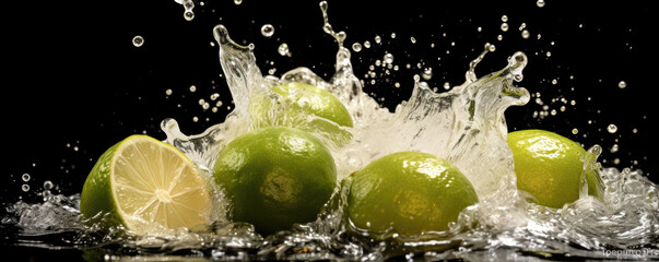 Photo of limes in splashing water. Black background. Generative AI