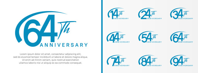 set of anniversary logo blue color number and swoosh on white background for celebration