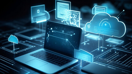 Computer laptop and dashboard for data business analysis and Data Management System with KPI and metrics connected to the database for technology finance, operations, sales, marketing, Generative Ai