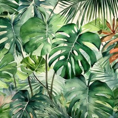 Fototapeta na wymiar Image is painting of tropical scene, featuring several large green leaves and palm trees. These plants are painted in vibrant colors, with greens being particularly prominent. Generative AI