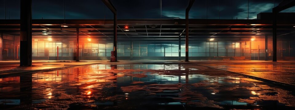 Empty underground parking space at night.