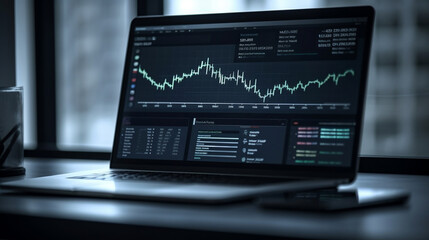 Computer laptop and dashboard for data business analysis and Data Management System with KPI and metrics connected to the database for technology, Generative Ai