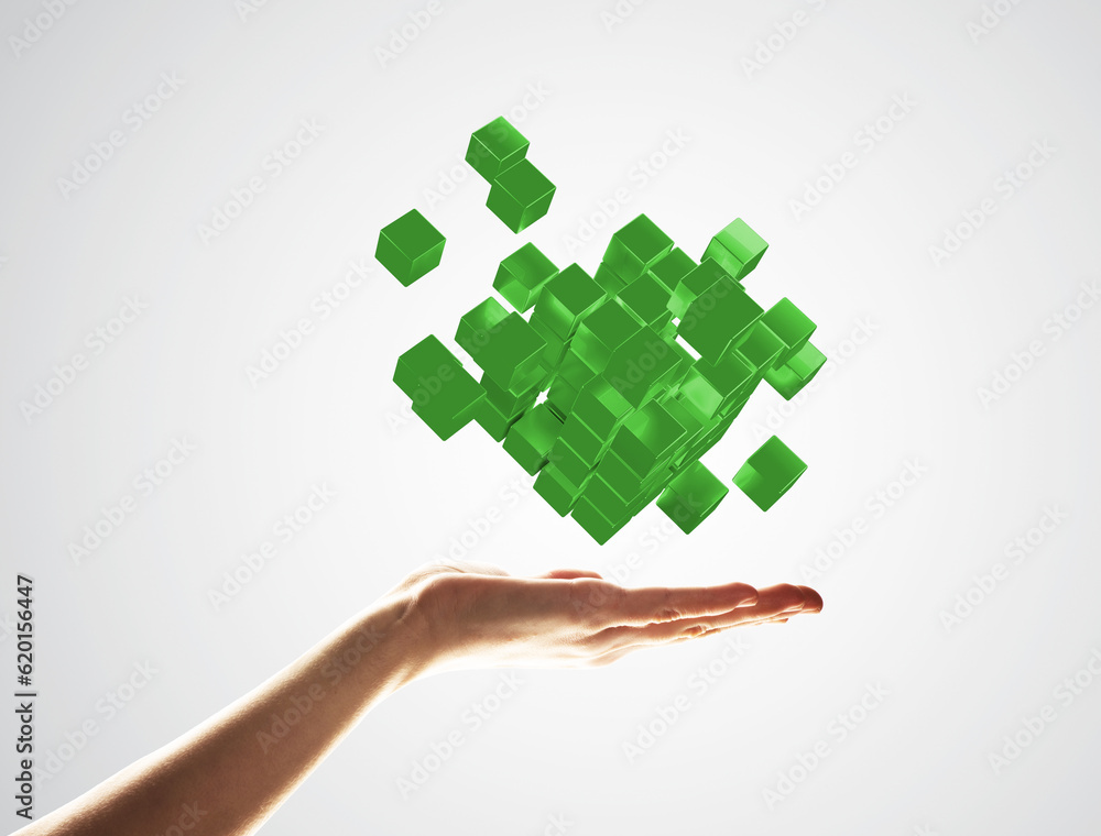 Aufkleber cube color figure in male palm as symbol for integration. 3d rendering