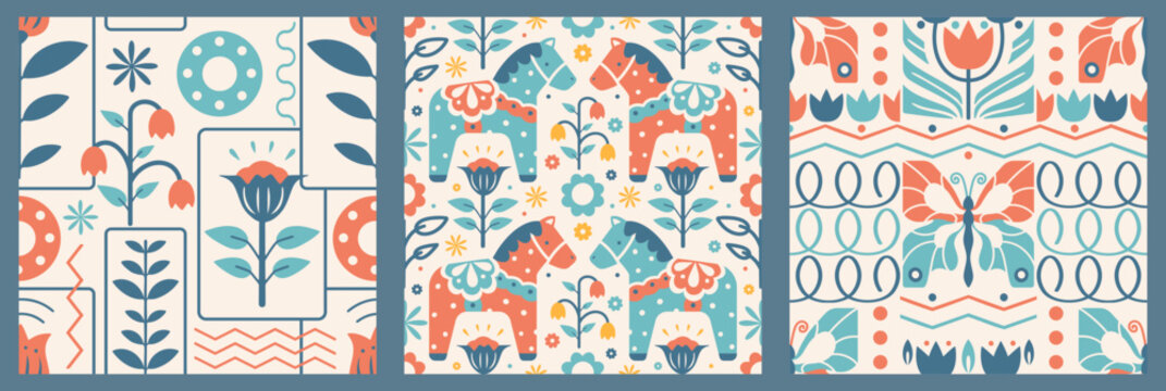 Scandinavian folk seamless patterns. Nordic floral prints.Abstract tile print, patchwork or fabric.Swedish, Danish, Finland's ornamental stylized graphic.Hygge and lagom, natural colors Illustration.