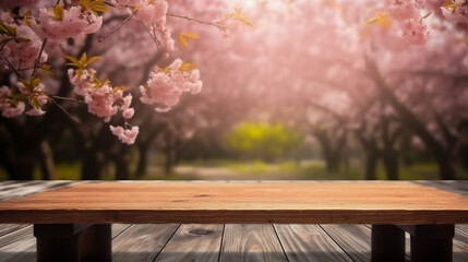 Empty wooden table in Sakura flower Park with garden bokeh background with a country outdoor theme, Template mock up for display of product, Generative Ai