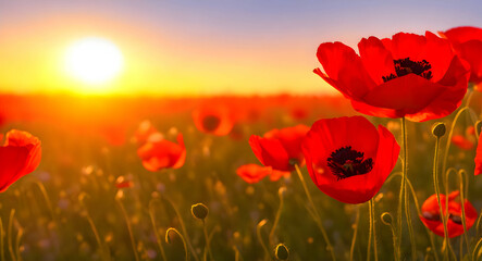 Fototapeta na wymiar Bright beautiful flowers of red poppies in field in evening lighting against backdrop on sky. Scarlet poppies glow at sunset in nature close-up.j