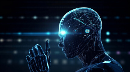 Obraz premium Man using tools AI. technology smart robot science and artificial intelligence technology, and innovation futuristic and global connection for providing access , Generative Ai