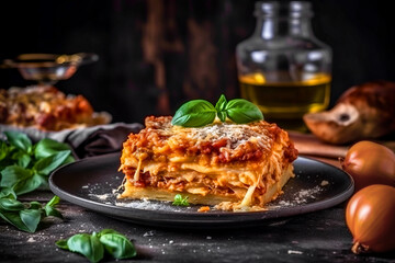 Traditional Italian lasagna bolognese on a black plate.. Generative AI