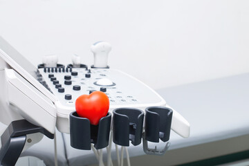 Modern ultrasound machine, scanners and sensors close-up. Medical equipment in the clinic.