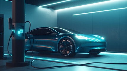High-speed charging station for electric vehicles at home garage with blue energy battery charger. Fuel power and transportation industry concept. 3D illustration rendering, Generative Ai