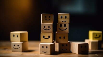 the happy face smile face icon on a wooden cube for Customer service evaluation customer satisfaction level and satisfaction survey concepts, Generative Ai