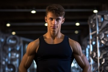 Fototapeta na wymiar Portrait of attractive young man athlete in sportswear posing at gym.