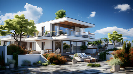 modern townhouse Linked house, two-story house, 3D, eye-level view, daytime, blue sky, white clouds Generative AI