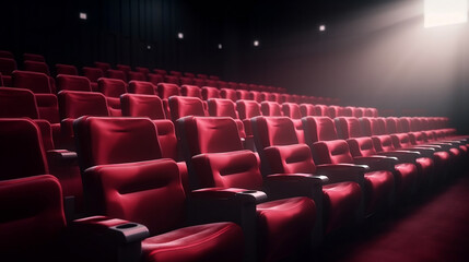Rows of red velvet seats watching movies in the cinema with copy space banner background. Entertainment and Theater concept. 3D illustration rendering, Generative Ai