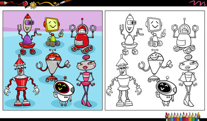 comic robots or droids characters group coloring page