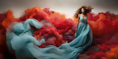 a woman in a long blue dress standing in a cloud of red and orange smoke