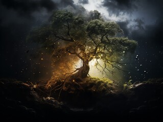 Fototapeta premium a painting of a tree in the middle of the night