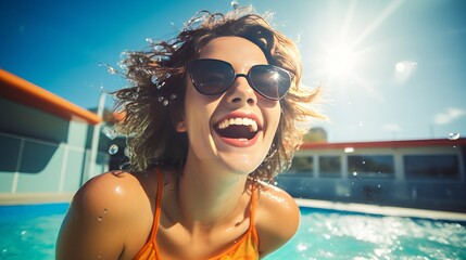 a woman wearing sunglasses and smiling in a swimming pool
