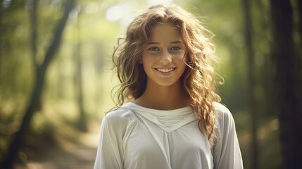 a woman standing in the middle of a forest