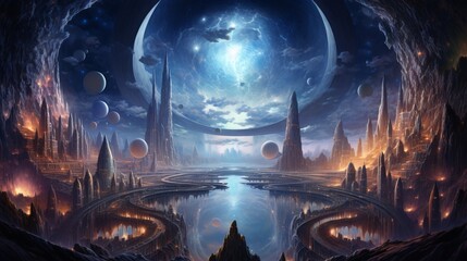 a painting of a futuristic city surrounded by planets