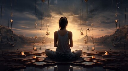 a woman sitting in a lotus position in front of a sunset