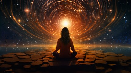 a woman sitting in a meditation position in front of a star filled sky