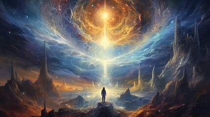 a man standing in front of a huge painting