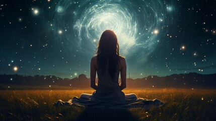 a woman sitting in a field looking at the stars