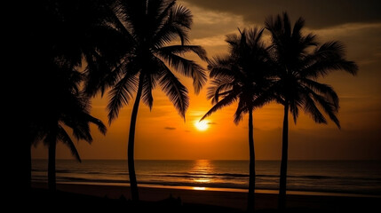 Fototapeta na wymiar Silhouette of palm trees Beautiful sunset on the tropical sea beach background for travel in holiday relax time, Generative Ai