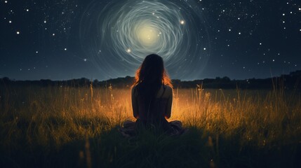 a woman sitting in a field watching the stars