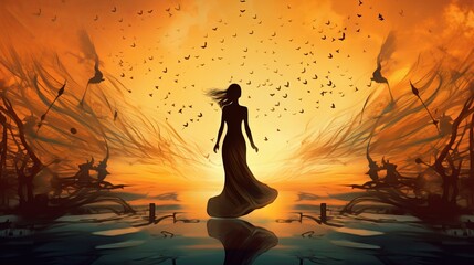 a painting of a woman in a flowing dress