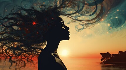 a woman with her hair blowing in the wind