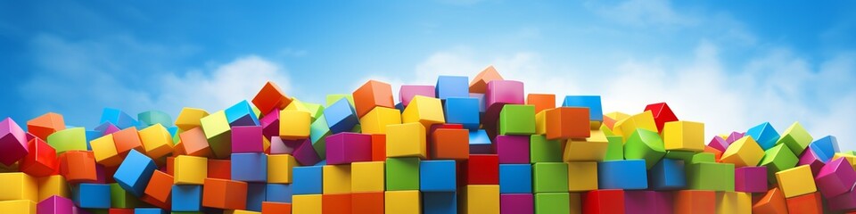 a group of colorful blocks against a blue sky