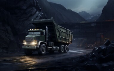 A dump truck driving down a dirt road. AI