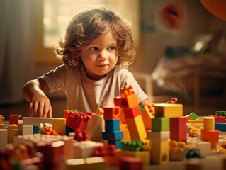 a little girl playing with a pile of blockss