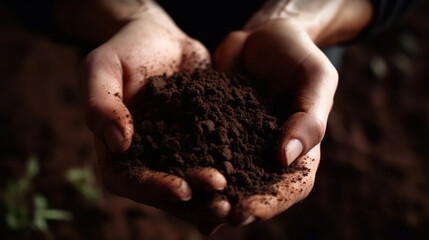 Top view of soil in hands for check the quality of the soil for control soil quality before seed plant. Future agriculture concept, Generative Ai