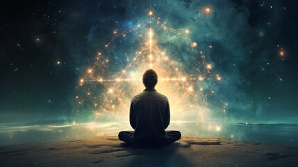 a man sitting in a meditation position in front of a space filled with stars