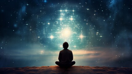 a person sitting in a meditation position in front of a star filled sky