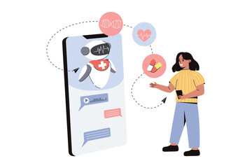 Healthcare AI consulting service. Flat patient receive consultation and treatment in online chat with chatbot. Bot give medical advice or diagnosis. Clinic AI assistant. Future technology in medicine.