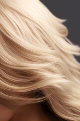 Naklejka premium A closeup view of a bunch of shiny straight blond hair in a wavy curved style.social media content for beauty salons. hair dye color in the catalog. Generative AI
