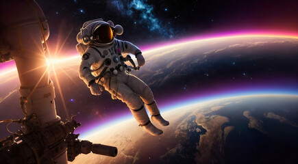 Obraz na płótnie Canvas Astronaut at spacewalk. Cosmic art, science fiction wallpaper. Beauty of deep space. Billions of galaxies in the universe. Elements of this image furnished by NASA