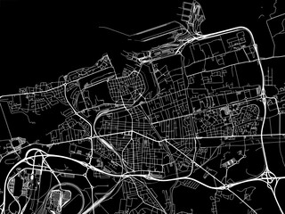 Vector road map of the city of  Calais in France on a black background.