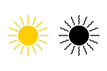 Sun icon set. Collection of yellow sun and black silhouette. Vector illustration for use as weather, sunlight, nature icon or logo isolated on white background